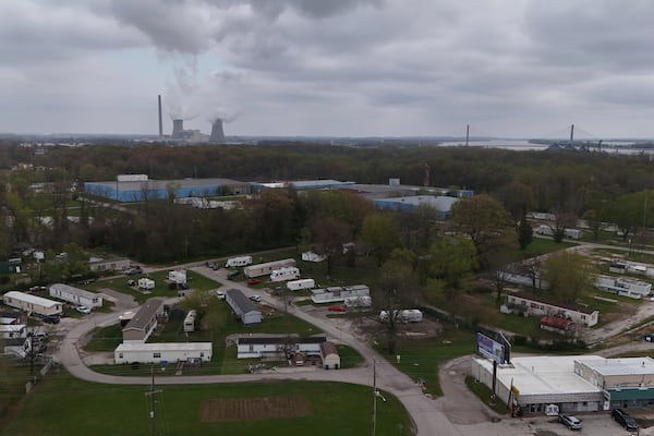 FILE - The Rockport Power Plant operates near a group of mobile homes April 11, 2025, in Rockport, Ind. (AP Photo/Joshua A. Bickel, File)