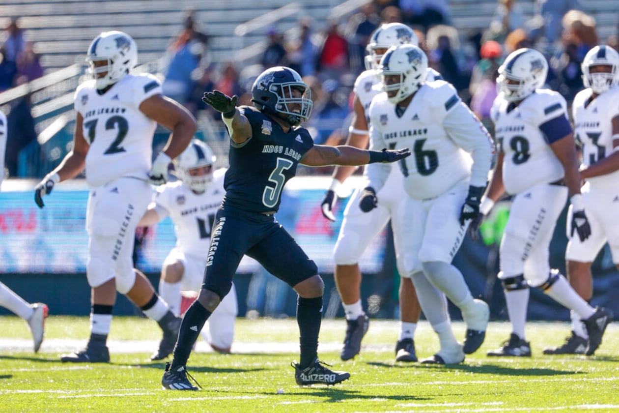 Team Robinson defensive back Coemba Jones Jr. (5), of Albany State, reacts after a missed field goal-attempt by Team Gaither during the first half of the HBCU Legacy Bowl NCAA college football game in New Orleans, Saturday, Feb. 19, 2022. (Derick Hingle/AP)