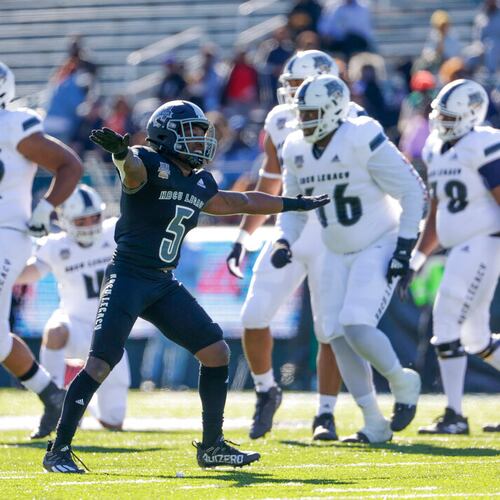 Team Robinson defensive back Coemba Jones Jr. (5), of Albany State, reacts after a missed field goal-attempt by Team Gaither during the first half of the HBCU Legacy Bowl NCAA college football game in New Orleans, Saturday, Feb. 19, 2022. (Derick Hingle/AP)
