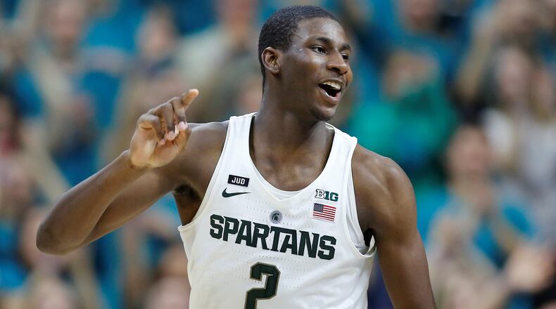 EAST LANSING, MI - JANUARY 26: Jaren Jackson Jr. #2 of the Michigan State Spartans celebrates his made basket in the second half against the Wisconsin Badgers at Breslin Center on January 26, 2018 in East Lansing, Michigan. (Photo by Rey Del Rio/Getty Images)