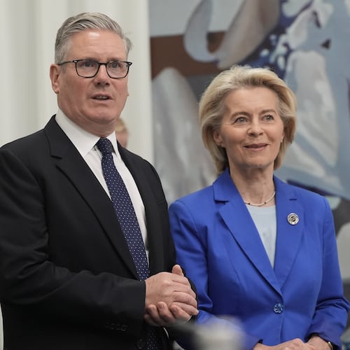 Britain's Prime Minister Keir Starmer, left, and President of the European Commission Ursula von der Leyen attend the European Political Community summit in Yerevan, Armenia, Monday May 4, 2026. (Stefan Rousseau/Pool Photo via AP)