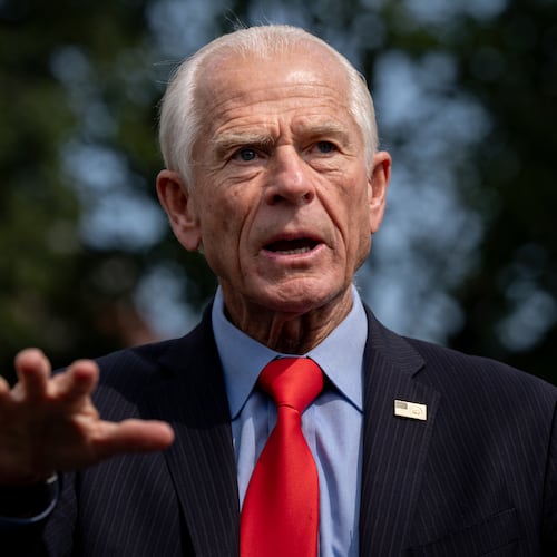 White House trade counselor Peter Navarro speaks with reporters following a video interview with Real America's Voice News, Tuesday, Aug. 11, 2026, outside the White House in Washington. (AP Photo/Julia Demaree Nikhinson)