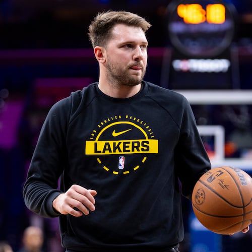 Los Angeles Lakers' Luka Doncic warms up prior to an NBA basketball game against the Philadelphia 76ers, Sunday, Dec. 7, 2025, in Philadelphia. (AP Photo/Chris Szagola)