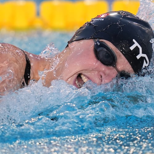 Katie Ledecky, of the United States, competes in the women's 400 meters freestlye final at the Pan Pacific Swimming Championships Friday, Aug. 14, 2026 in Irvine, Calif. (AP Photo/Gregory Bull)