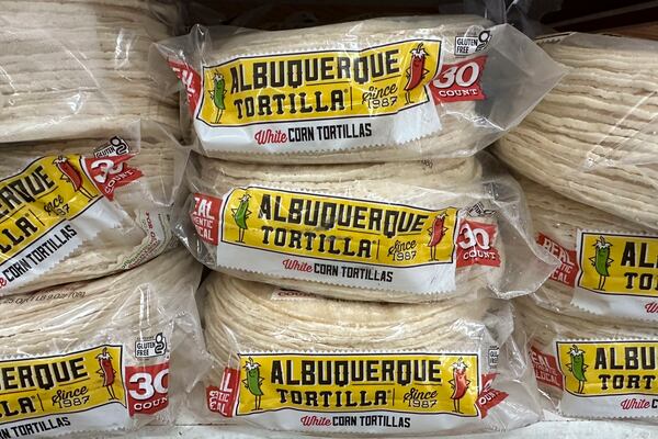 Stacks of tortillas sit on a grocery store shelf in Albuquerque, New Mexico, on Thursday, April 10, 2025. (AP Photo/Susan Montoya Bryan)