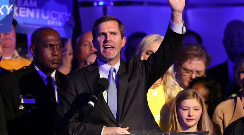 LOUISVILLE, KY - NOVEMBER 05: Apparent Gov.-elect Andy Beshear celebrates with supporters after voting results showed the Democrat holding a slim lead over Republican Gov. Matt Bevin at C2 Event Venue on November 5, 2019 in Louisville, Kentucky. Bevin, who enjoyed strong support from President Donald Trump, did not concede after results showed Beshear leading 49.2 percent to 48.8 percent, a difference of less than 6,000 votes, with 100 percent of precincts reporting. (Photo by John Sommers II/Getty Images)
