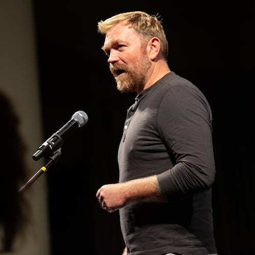 Senate candidate Graham Platner speaks at a town hall at the Franco Center in Lewiston on Wednesday, Oct. 15, 2025. (Libby Kenny/Sun Journal via AP)