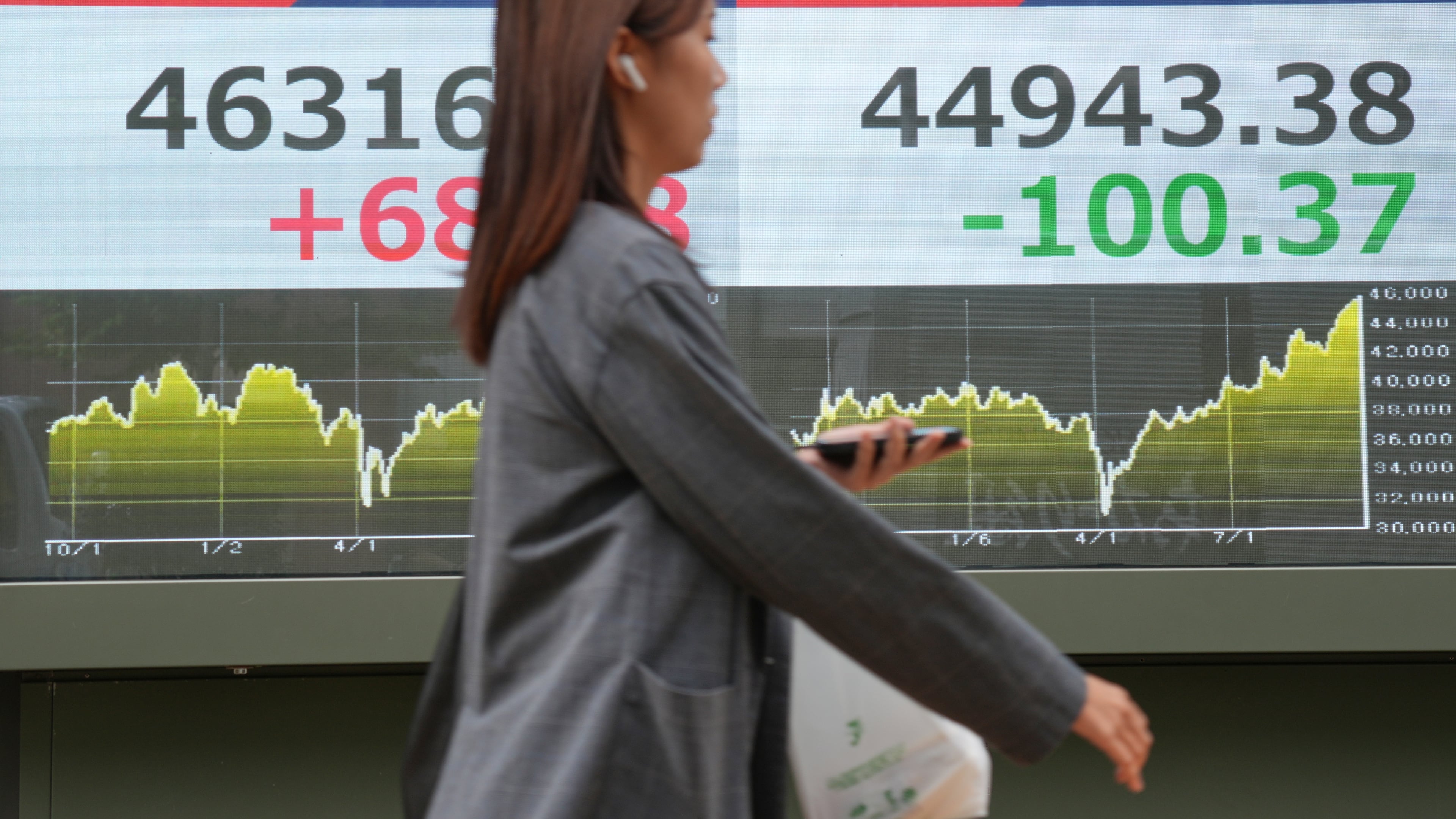 A person walks in front of an electronic stock board showing Japan's Nikkei 225 and New York Dow indexes at a securities firm Tuesday, Sept. 30, 2025, in Tokyo. (AP Photo/Eugene Hoshiko)