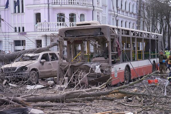 The city center in the aftermath of the Russia's missile attack that killed at least 21 civilians in Sumy, Ukraine, Sunday, April 13, 2025. (AP Photo)