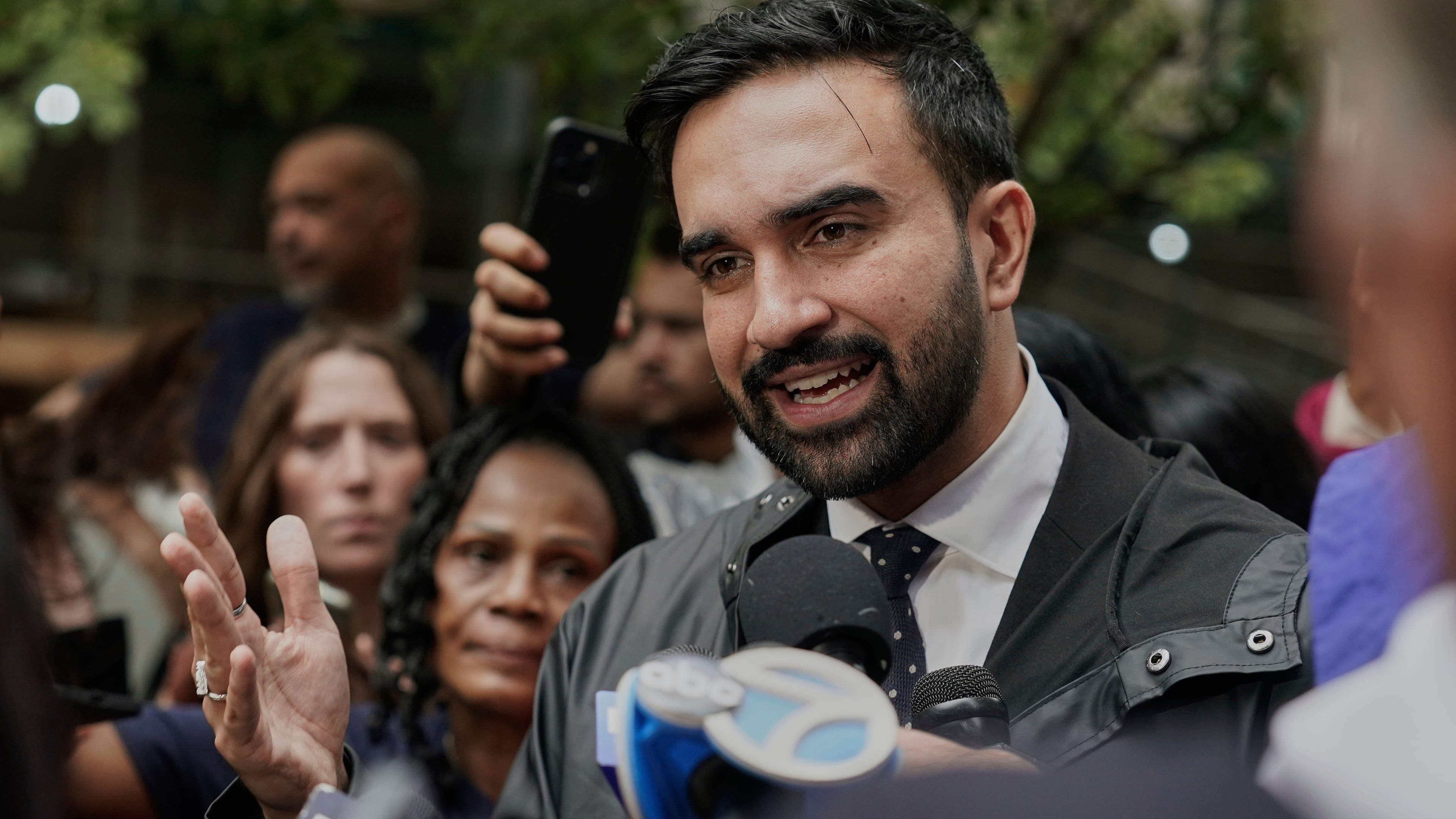 FILE - New York mayoral candidate Zohran Mamdani speaks at a rally with Hotel & Gaming Trades Council workers, in New York, Aug. 20, 2025. (AP Photo/Richard Drew, file)
