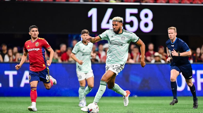 Atlanta United defender George Campbell dribbles the ball during the match against Real Salt Lake at Mercedes-Benz Stadium in Atlanta, United States on Wednesday July 13, 2022. (Photo by Dakota Williams/Atlanta United)