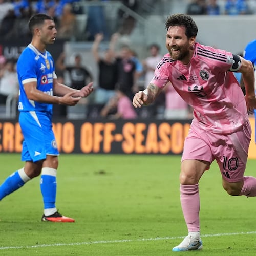 Inter Miami's Lionel Messi (10) celebrates after scoring a goal during the first half of the Campeones Cup soccer match against Cruz Azul, Wednesday, Sept. 16, 2026, in Miami. (AP Photo/Lynne Sladky)