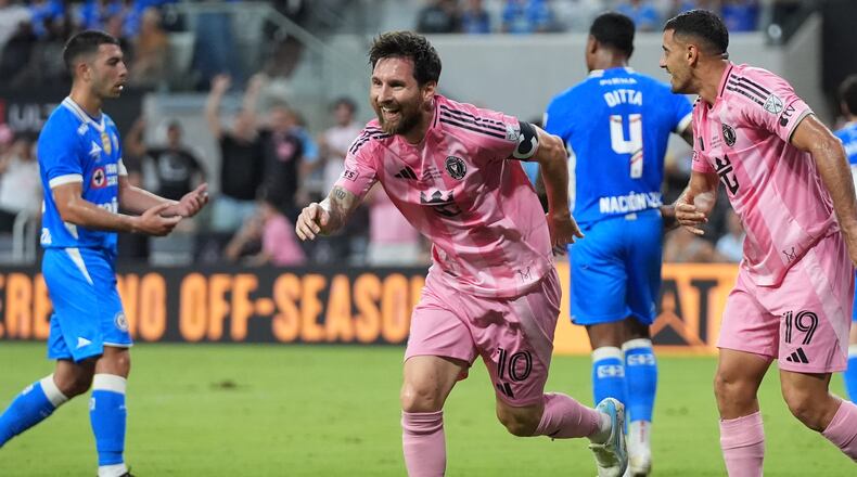 Inter Miami's Lionel Messi (10) celebrates after scoring a goal during the first half of the Campeones Cup soccer match against Cruz Azul, Wednesday, Sept. 16, 2026, in Miami. (AP Photo/Lynne Sladky)