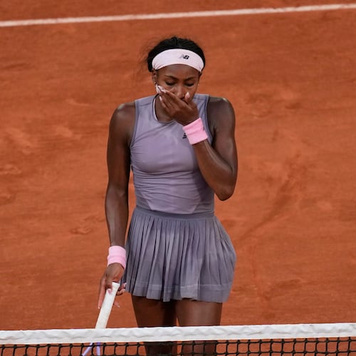 Coco Gauff of the U.S. reacts after the third round women's singles tennis match against Anastasia Potapova of Austria at the French Open tennis tournament in Paris, Saturday, May 30, 2026. (AP Photo/Christophe Ena)