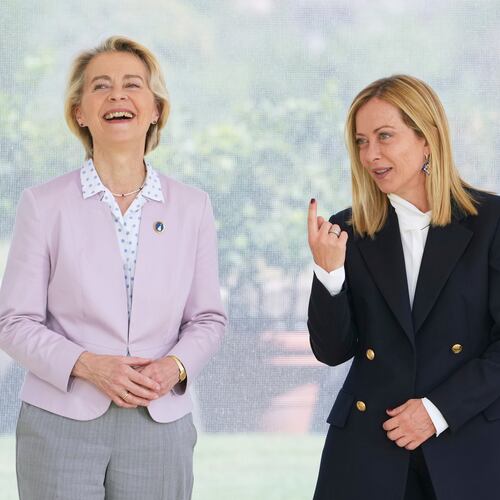 FILE - Italy's Prime minister Giorgia Meloni, right, and President of the European Commission Ursula von der Leyen, share a word before the start of a summit in Rome, Friday, June 20, 2025. (AP Photo/Alessandra Tarantino, file)