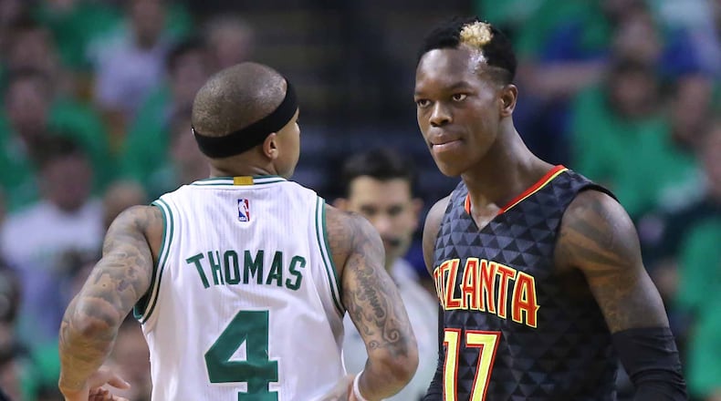 Celtics guard Isaiah Thomas and Hawks guard Dennis Schroder are both called for technical fouls as they get into a scuffle during the first half in their NBA Eastern Conference first round playoff basketball game at TD Garden on Friday, April 22, 2016, in Boston. Curtis Compton / ccompton@ajc.comon