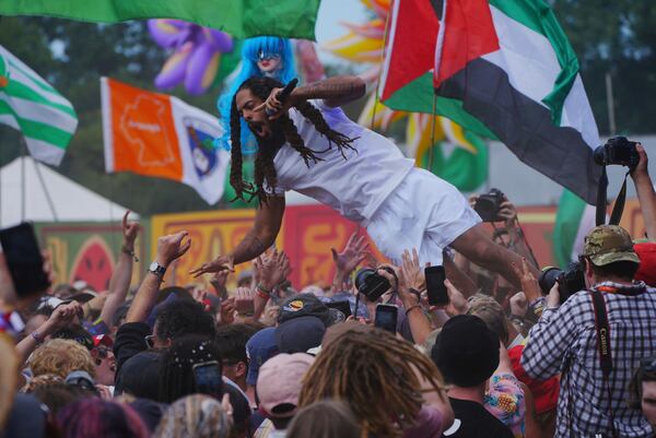 Bob Vylan performs on the West Holts Stage, during the Glastonbury Festival at Worthy Farm in Somerset. England, Saturday, June 28, 2025. (Ben Birchall/PA via AP)