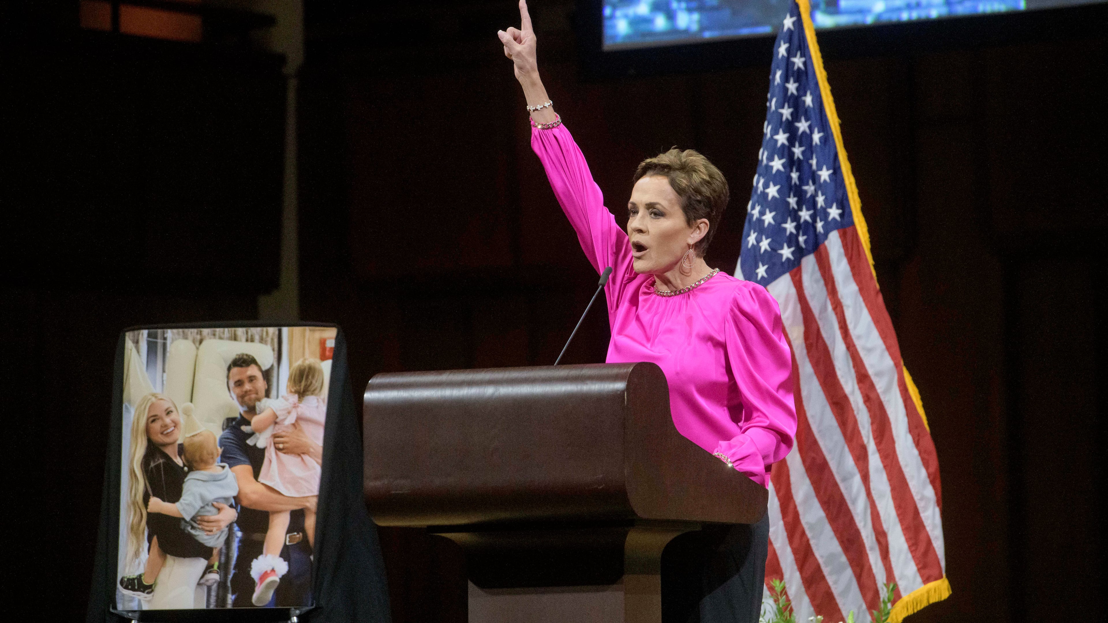 Kari Lake, Senior Advisor for the U.S. Agency for Global Media, speaks during a memorial and prayer vigil for Charlie Kirk at the John F. Kennedy Memorial Center for the Performing Arts, Sunday, Sept. 14, 2025, in Washington. (AP Photo/Rod Lamkey, Jr.)