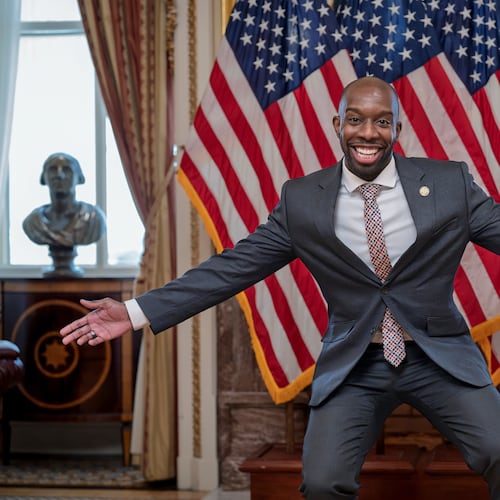 After being sworn in on the floor of the House of Representatives, Rep. Everton Blair, D-Ga., who won a special election to replace the late Georgia Rep. David Scott, celebrates at the Capitol in Washington, Tuesday, Sept. 1, 2026. (J. Scott Applewhite/AP)