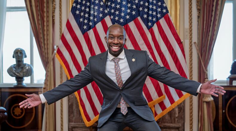 After being sworn in on the floor of the House of Representatives, Rep. Everton Blair, D-Ga., who won a special election to replace the late Georgia Rep. David Scott, celebrates at the Capitol in Washington, Tuesday, Sept. 1, 2026. (J. Scott Applewhite/AP)