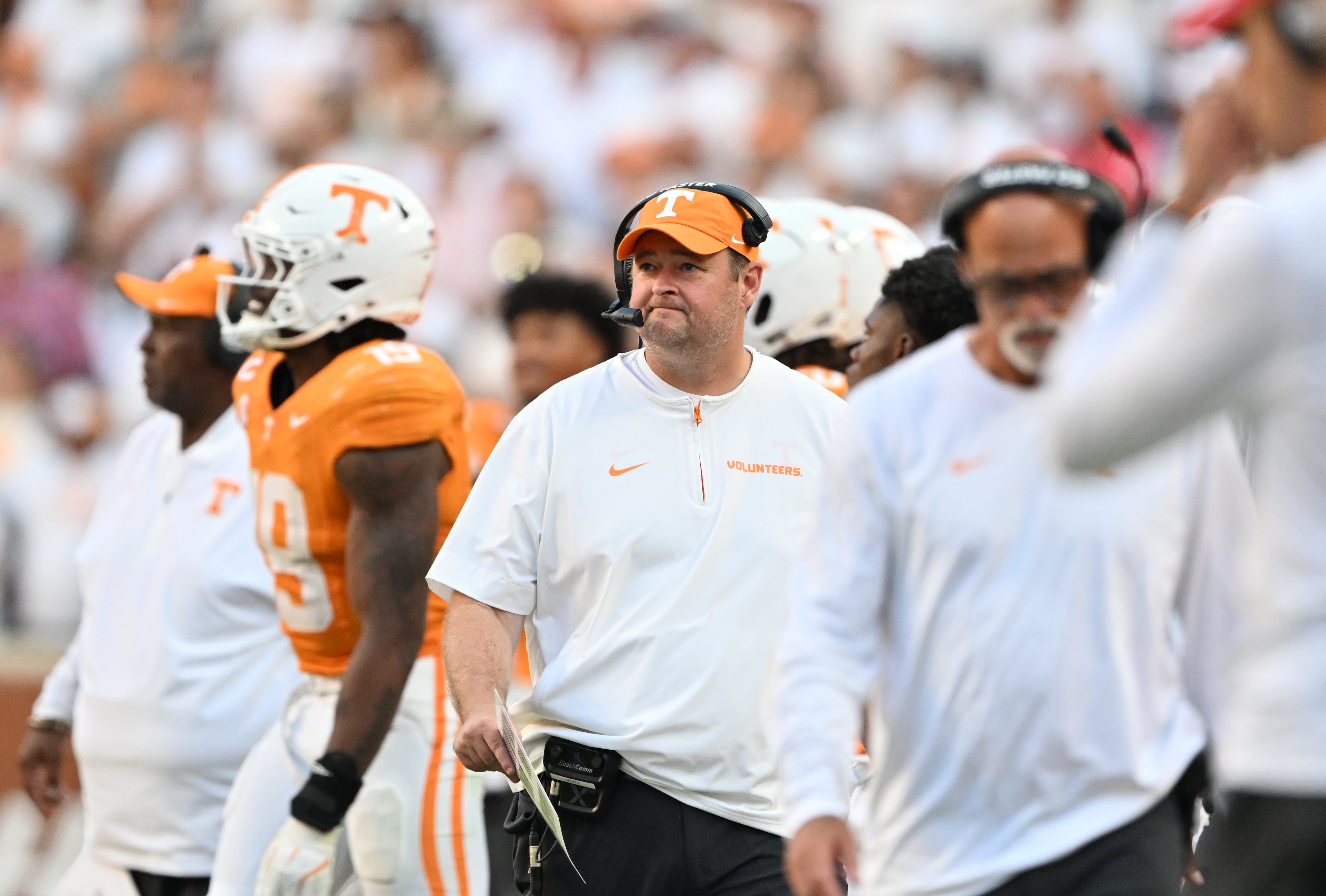 Tennessee coach Josh Heupel reacts during the second half against Georgia at Neyland Stadium on Saturday, Sept. 13, 2025, in Knoxville, Tenn. Georgia won 44-41 in overtime. (Hyosub Shin/AJC)