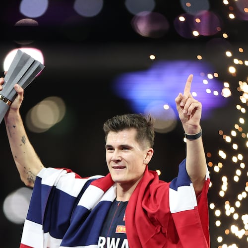 Jakob Ingebrigtsen, of Norway, celebrates winning the men's 5,000 meters final during the World Athletics Ultimate Championship in Budapest, Hungary, Friday, Sept. 11, 2026. (AP Photo/Armin Durgut)