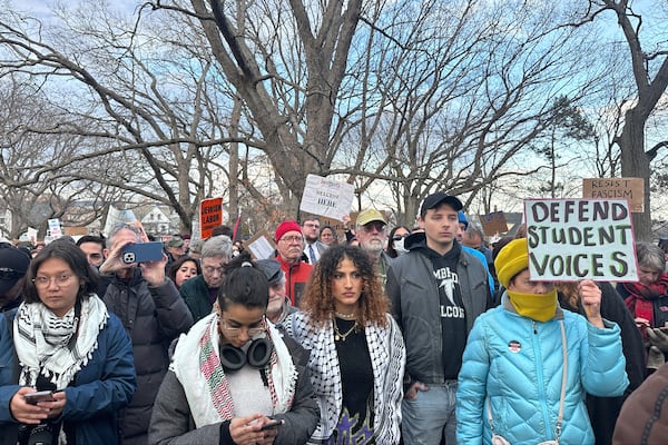 Hundreds of people gather in Somerville, Mass., on March 26, 2025, to demand the release of Rumeysa Ozturk, a Turkish student at Tufts University, who was arrested by federal agents Tuesday night. (AP Photo/Michael Casey)