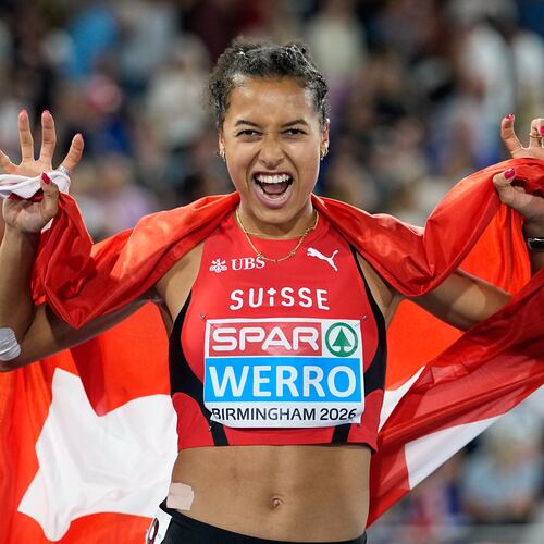Audrey Werro of Switzerland poses after winning the gold medal in the women's 800 meters final at the European Athletics Championships in Birmingham, England, Friday, Aug. 14, 2026. (AP Photo/Matthias Schrader)