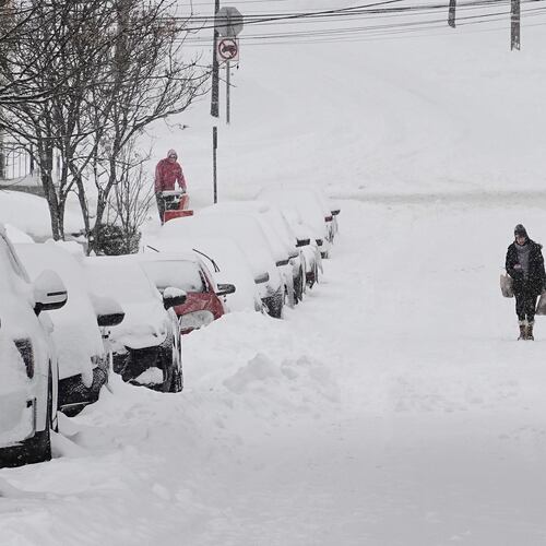 A person carries grocery bags up a residential street during a winter storm Sunday, Jan. 25, 2026, in Cincinnati. (AP Photo/Joshua A. Bickel)