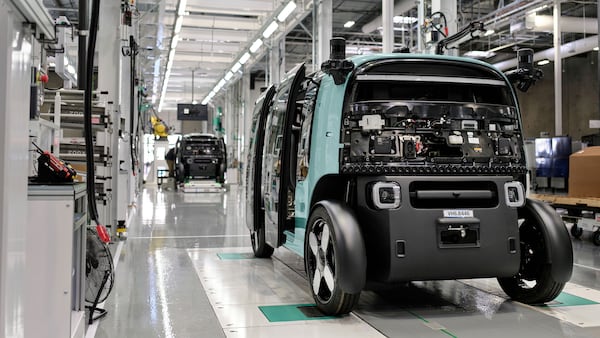 In this undated handout photo provided by Zoox, Zoox robotaxis are assembled at a 220,000-square-foot factory located in Hayward, California. (Zoox via AP)