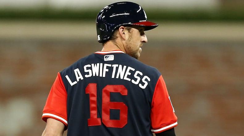 Atlanta Braves' Lane Adams. wears jersey with the nickname "LA Swiftness" during Players Weekend against the Colorado Rockies Friday, Aug. 25, 2017, at SunTrust Park in Atlanta.