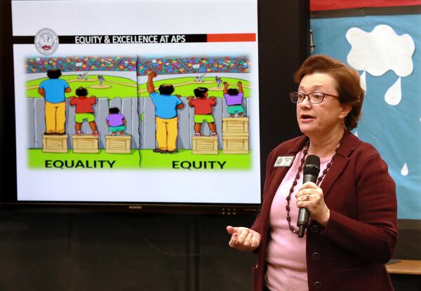 Atlanta Public Schools board member Cynthia Briscoe Brown discusses equity during a community meeting at Hope-Hill Elementary School on Feb. 25, 2019, in Atlanta.(AJC FILE PHOTO BY CURTIS COMPTON/CCOMPTON@AJC.COM)
