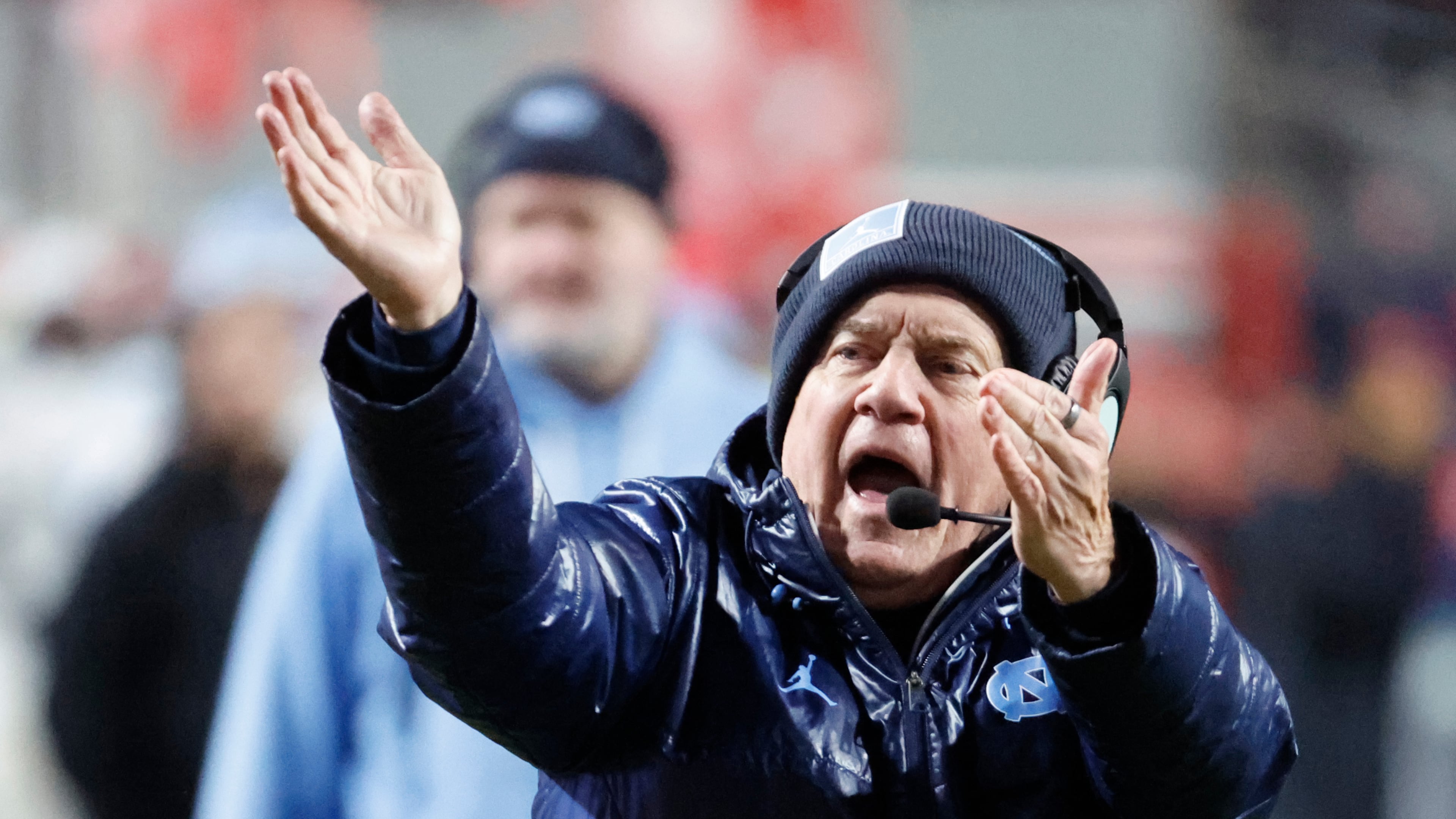 North Carolina head coach Bill Belichick protests a call during the second half of an NCAA college football game against North Carolina State in Raleigh, N.C., Saturday, Nov. 29, 2025. (AP Photo/Karl DeBlaker)