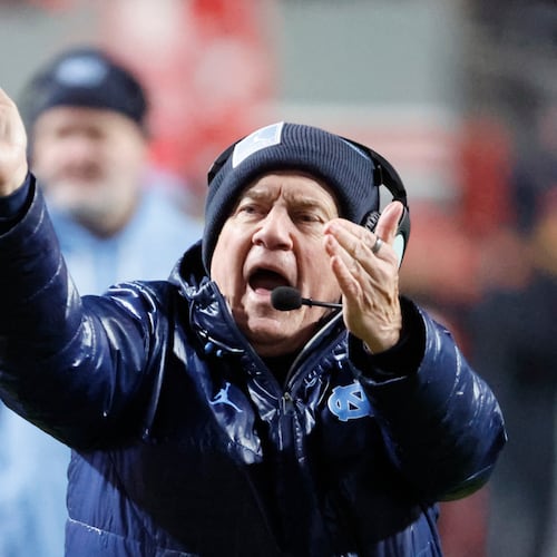 North Carolina head coach Bill Belichick protests a call during the second half of an NCAA college football game against North Carolina State in Raleigh, N.C., Saturday, Nov. 29, 2025. (AP Photo/Karl DeBlaker)