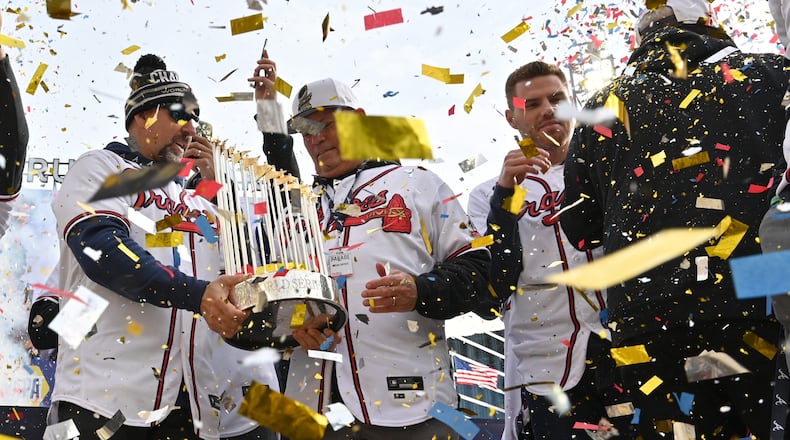 Confetti falls at the end of Truist Park ceremony celebrating the Braves' World Series win on Friday, Nov. 5, 2021. (Hyosub Shin / Hyosub.Shin@ajc.com)