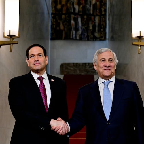 US Secretary of State Marco Rubio meets Italian Foreign Minister Antonio Tajani during his two-day visit to Italy and the Vatican, in Rome, Friday, May 8, 2026. (Stefano Rellandini/Pool Photo via AP)