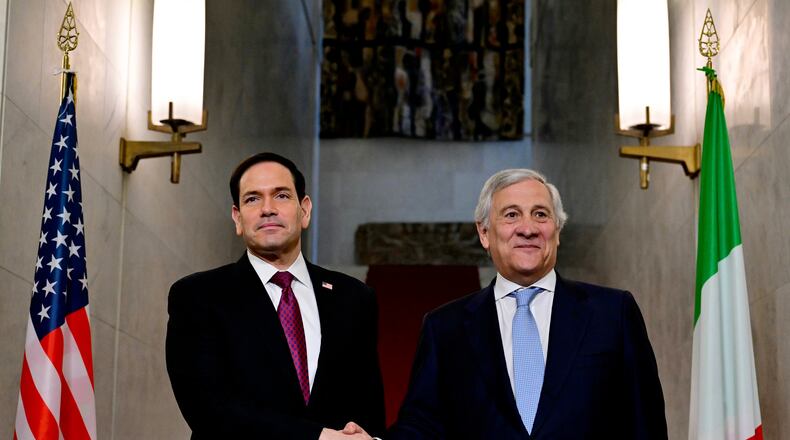 US Secretary of State Marco Rubio meets Italian Foreign Minister Antonio Tajani during his two-day visit to Italy and the Vatican, in Rome, Friday, May 8, 2026. (Stefano Rellandini/Pool Photo via AP)