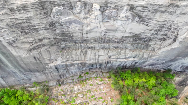 April 20, 2021 Stone Mountain - Aerial photograph shows Confederate Memorial Carving at Stone Mountain Park on Tuesday, April 20, 2021. (Hyosub Shin / Hyosub.Shin@ajc.com)