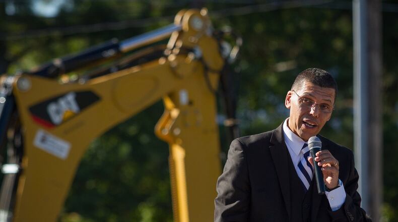 The Reverend Dr Richard W. Wells, the new pastor of Friendship Baptist Church speaks to a large gathering at the Church’s groundbreaking Sunday, October 18, 2015. The original historic building was sold to make way for the new Mercedes Benz Stadium. STEVE SCHAEFER / SPECIAL TO THE AJC