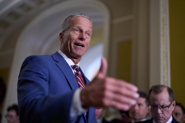 Senate Majority Leader John Thune, R-S.D., speaks with reporters about the process to advance President Donald Trump's spending and tax bill, during a news conference at the Capitol in Washington, Tuesday, June 3, 2025. (AP Photo/J. Scott Applewhite)