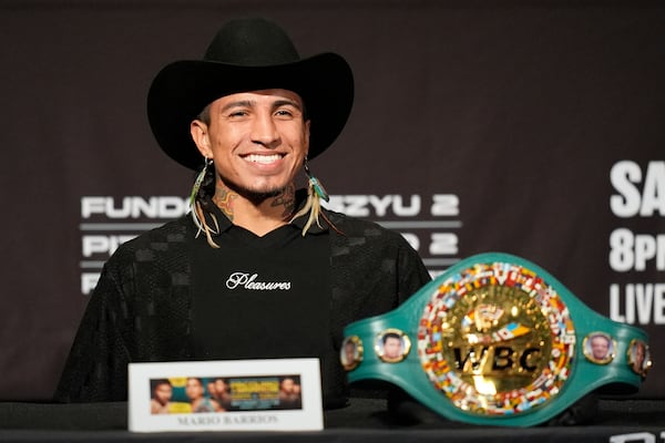 WBC welterweight champion Mario Barrios attends a news conference Wednesday, July 16, 2025, in Las Vegas. (AP Photo/John Locher)