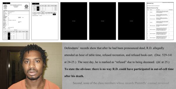 The GDC's incident report regarding the death of inmate Ricardo Daughtry is heavily redacted of relevant details (top), including full pages that are blacked out. Attorneys from the Southern Center for Human Rights noted in a court filing that prison records claim that Daughtry was participating in "table time" outside his cell after he had been pronounced dead (bottom, emphasis theirs).