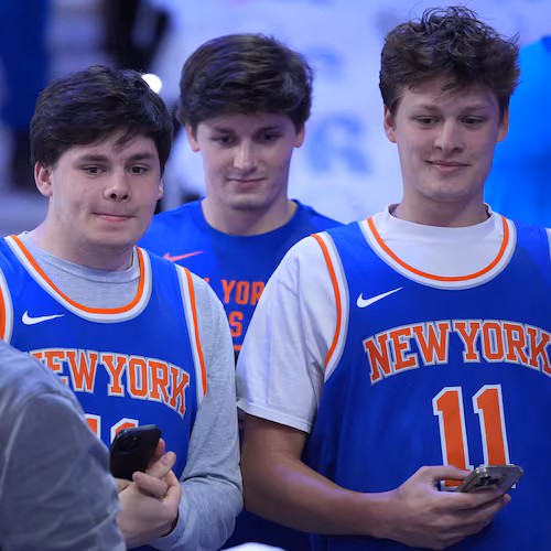 New York Knicks' fans watch warm-ups before Game 3 in a second-round NBA basketball playoff series against the Philadelphia 76ers Friday, May 8, 2026, in Philadelphia. (AP Photo/Matt Slocum)