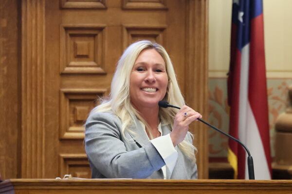 Last year, when Marjorie Taylor Greene was still a member of the U.S. House, she spoke to lawmakers at the Capitol in Atlanta. (Jason Getz/AJC)