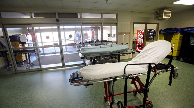 November 8, 2012 - Atlanta, Ga: An empty stretcher is shown in the ambulance entrance of the Grady Emergency Room at Grady Memorial Hospital Thursday morning in Atlanta, Ga., November 8, 2012.. JASON GETZ / JGETZ@AJC.COM