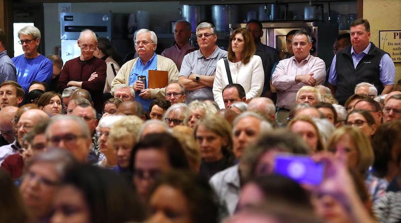 March 28, 2019 Marietta: Local residents pack a town hall meeting on the proposed City of East Cobb in Nolan Hall at the Catholic Church of St. Ann on Thursday, March 28, 2019, in Marietta. Curtis Compton/ccompton@ajc.com