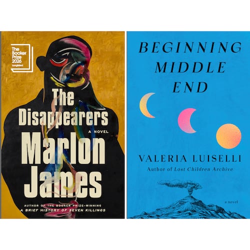 This combination of book cover images show "The Disappearers" by Marlon James, left, "Beginning Middle End" by Valeria Luiselli, center, and "Dèy" by Edwidge Danticat. ( Riverhead/Knopf/Knopf via AP)