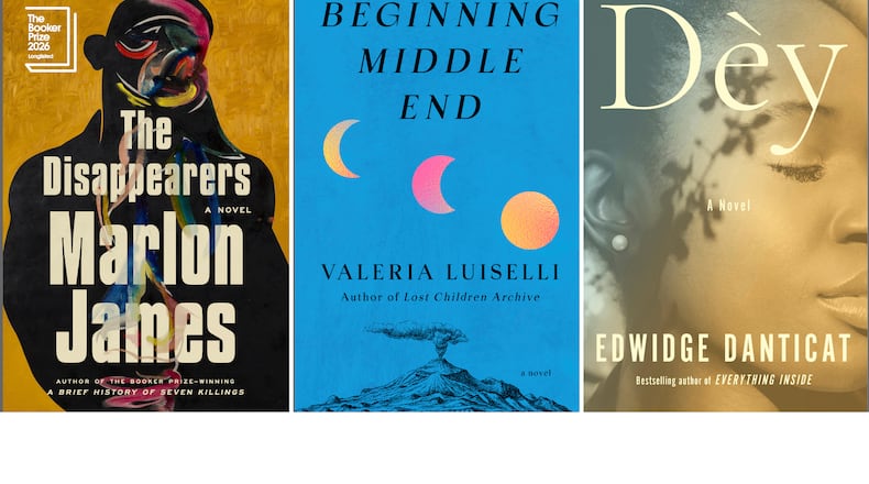 This combination of book cover images show "The Disappearers" by Marlon James, left, "Beginning Middle End" by Valeria Luiselli, center, and "Dèy" by Edwidge Danticat. ( Riverhead/Knopf/Knopf via AP)