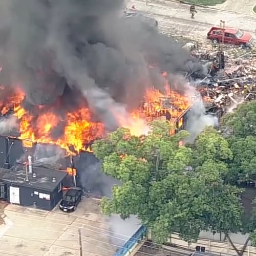 This image made from video provided by KDFW FOX 4 shows a large fire at an apartment complex in Dallas, Thursday, May 28, 2026. (KDFW FOX 4 via AP)