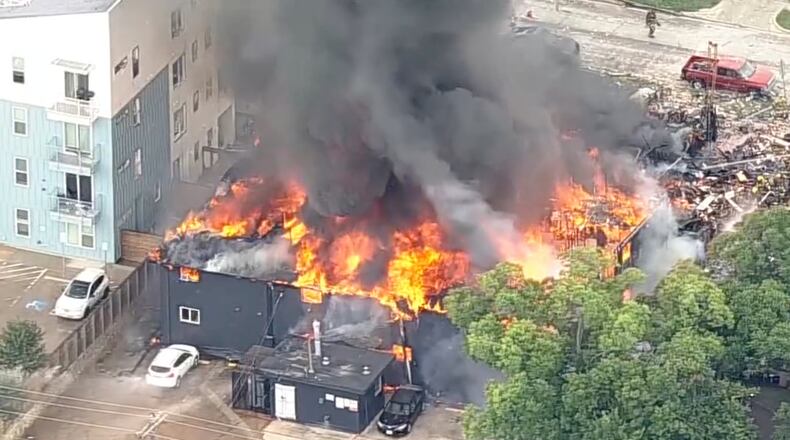 This image made from video provided by KDFW FOX 4 shows a large fire at an apartment complex in Dallas, Thursday, May 28, 2026. (KDFW FOX 4 via AP)